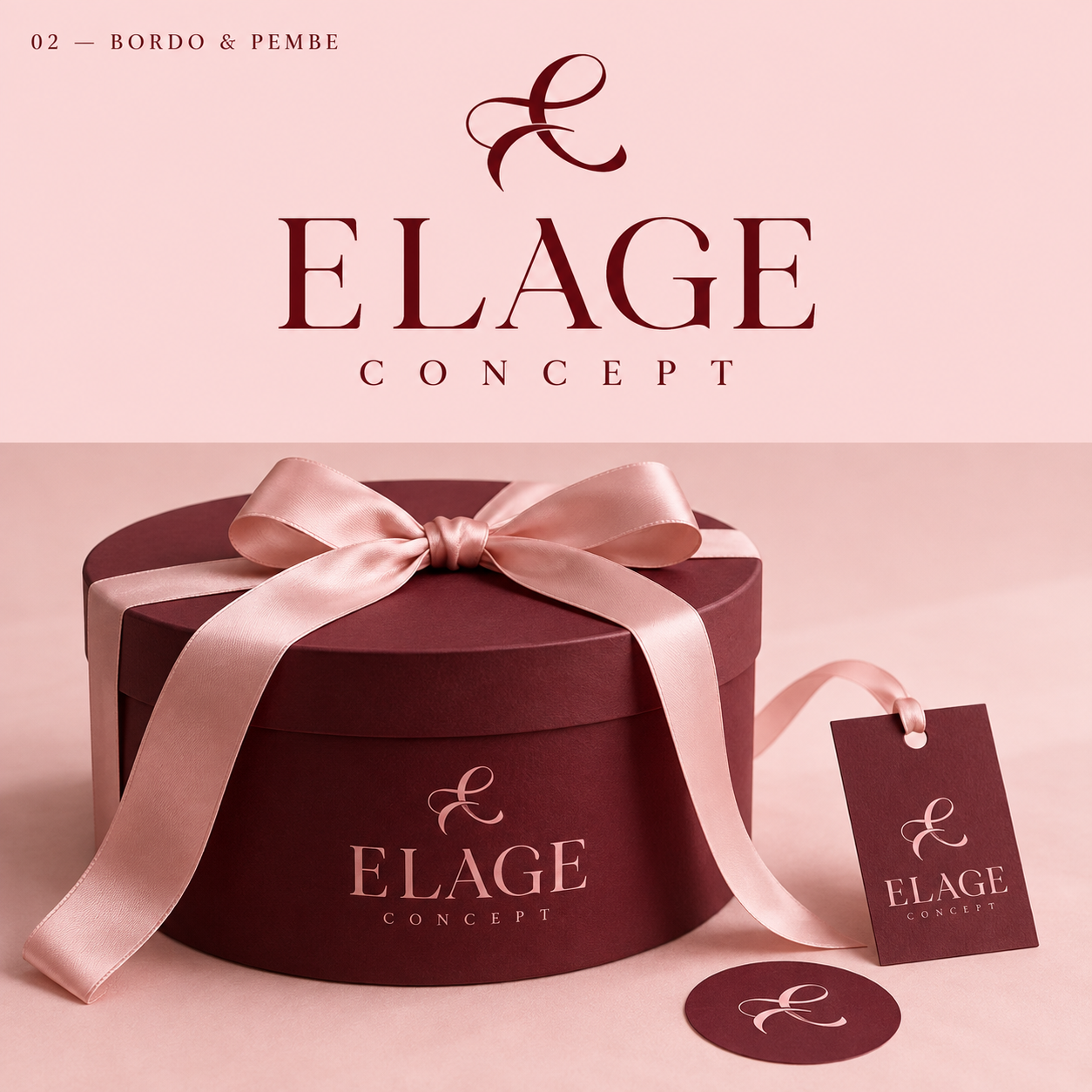 ELAGE CONCEPT bordo ve pembe logo, hediye kutusu ve etiket tasarım önerisi